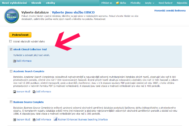 Výběr databáze eBook Clinical Collection 