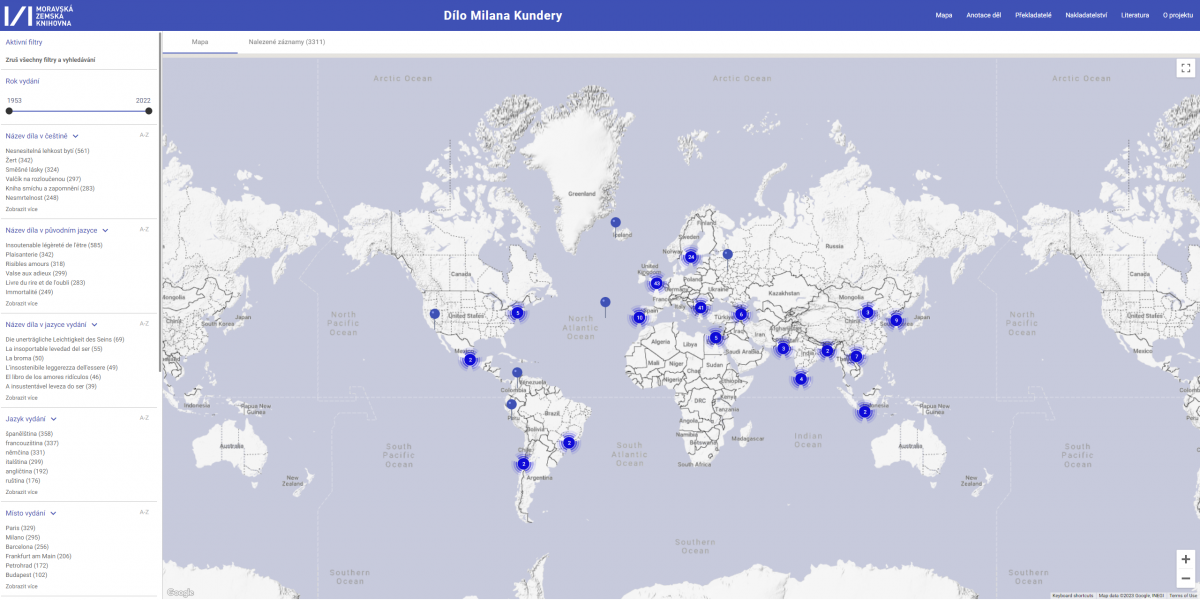 Dílo Milana Kundery na mapě světa